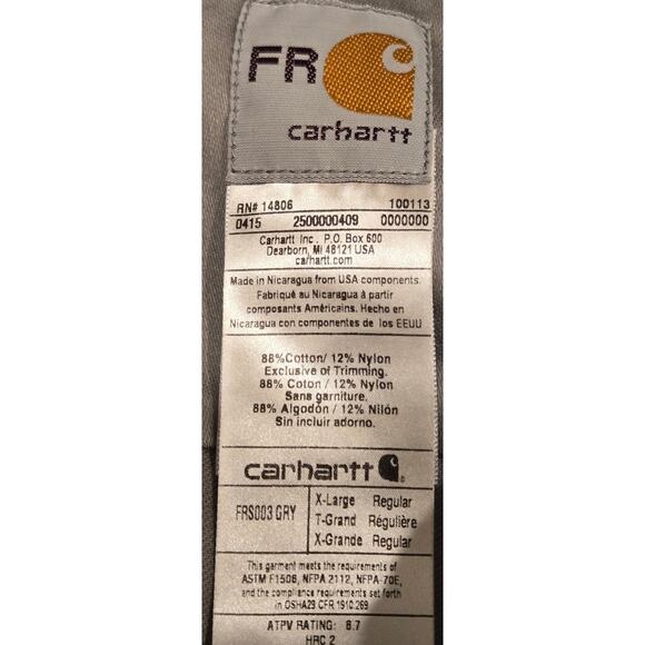 Carhartt FR Fire Resistant Shirt Gray Button Down Long Sleeve Men's XL - Picture 6 of 8